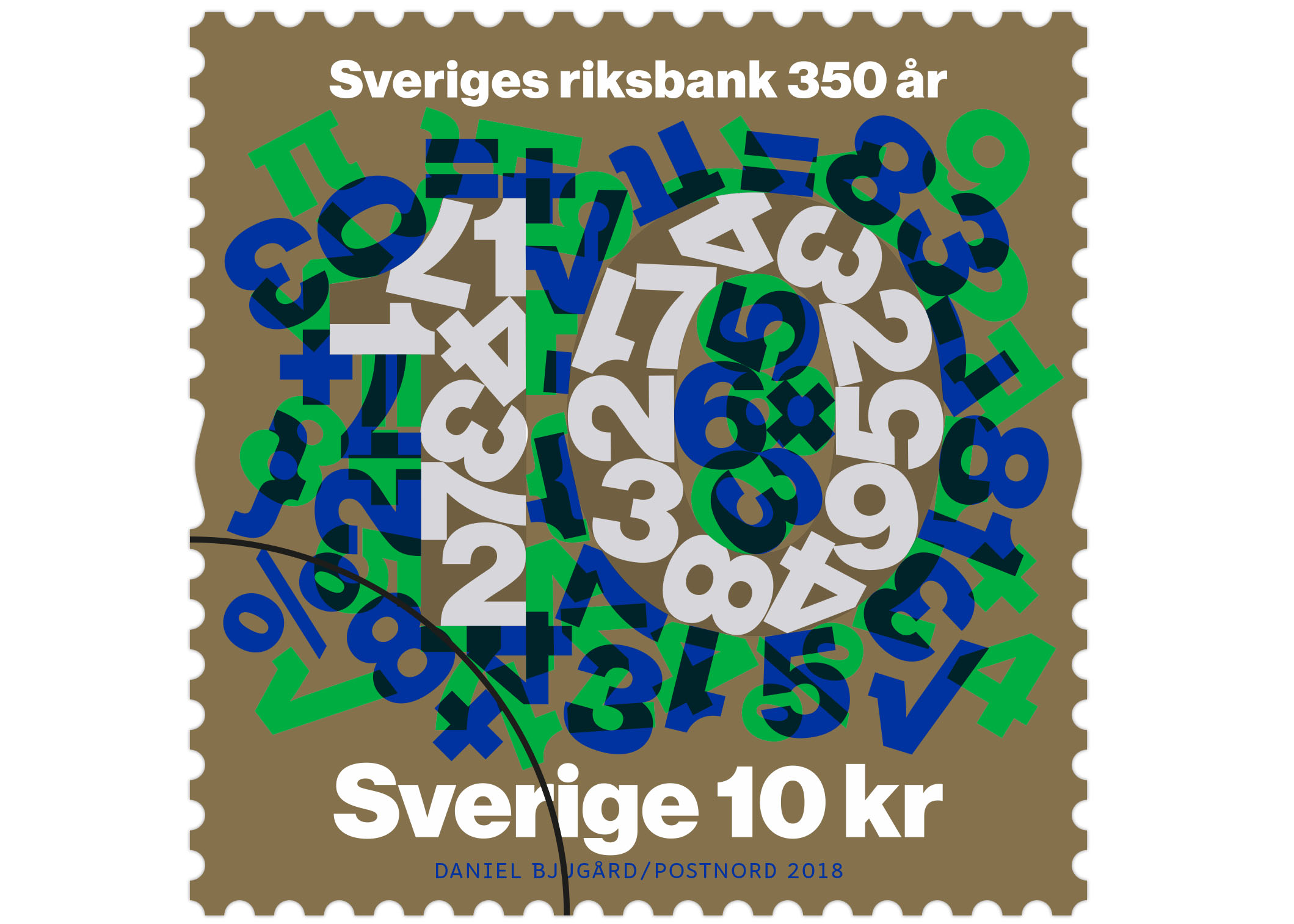 Rullfrimärke med motiv av typografiskt mönster av siffror och matematiska tecken med siffran tio i fokus.