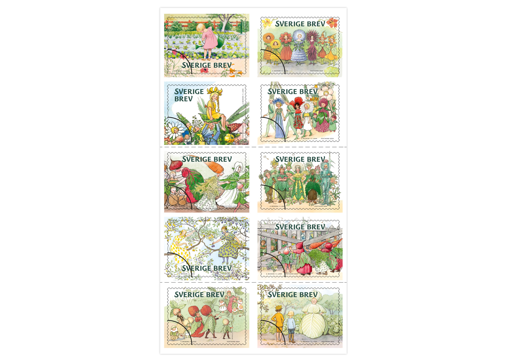 Frimärkshäfte med 10 frimärken, 10 trädgårdsmotiv illustrerade av Elsa Beskow.