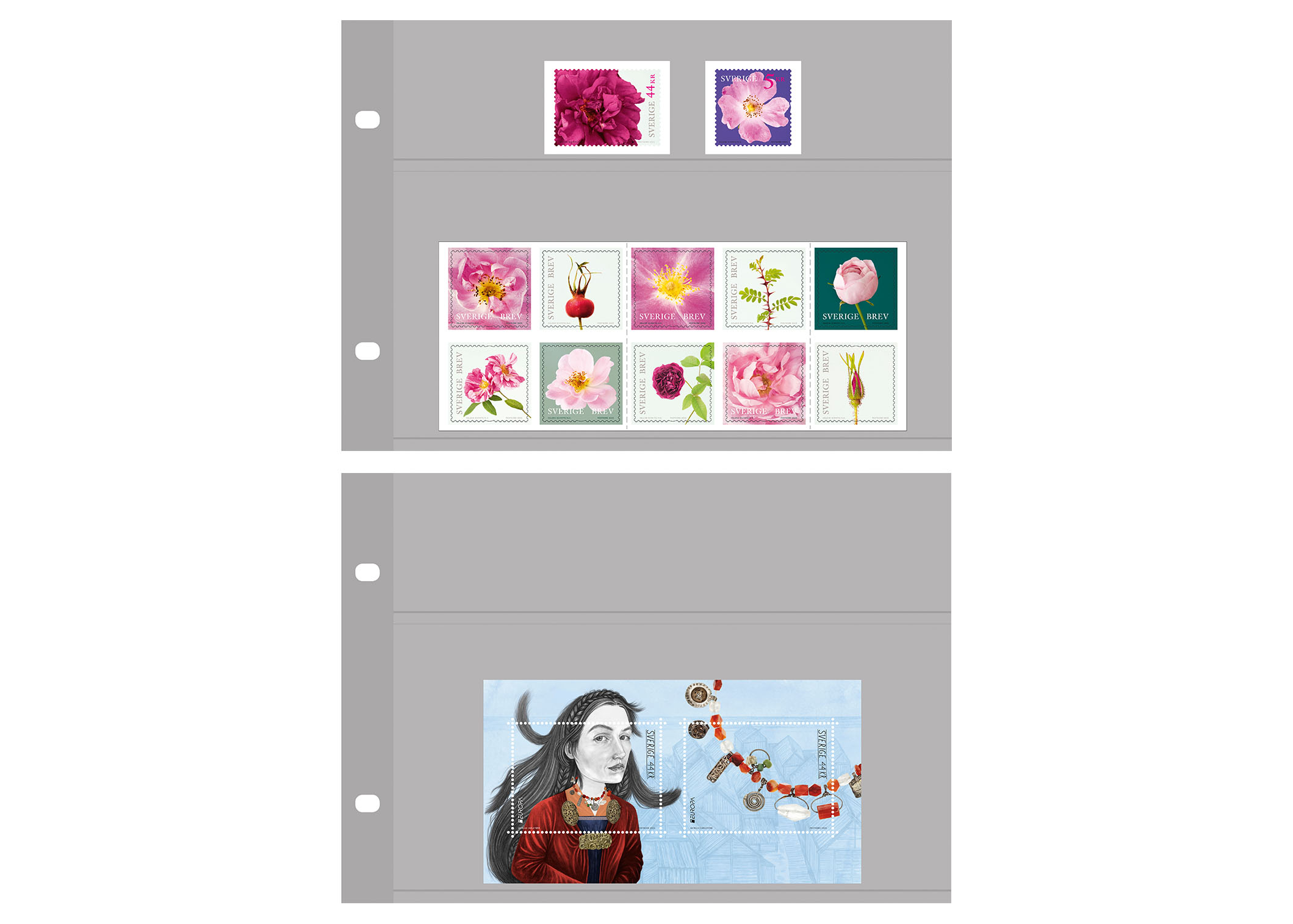 Två gråa A5-blad med monterade frimärken, 12 frimärksmotiv med olika rosor, samt ett miniark med vikingamotiv.