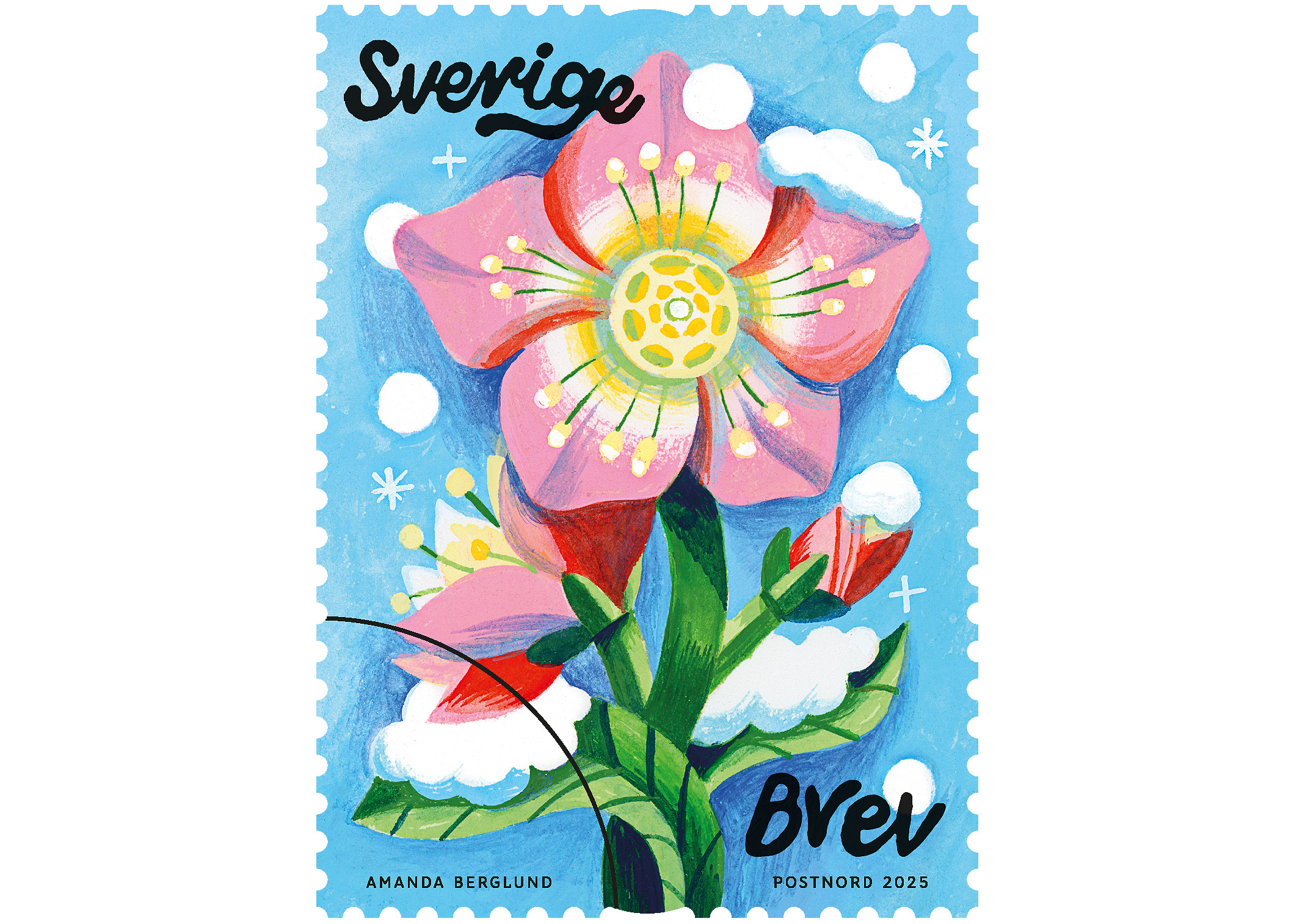 Rullfrimärke med motiv av en vintrig julros.